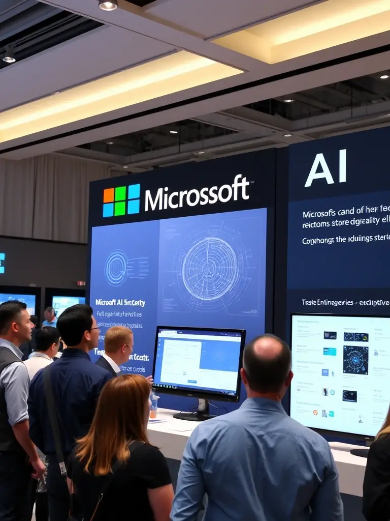 A photograph of the Microsoft AI booth at a technology conference, showcasing their cloud-based AI services and tools, with experts providing demos and answering questions.