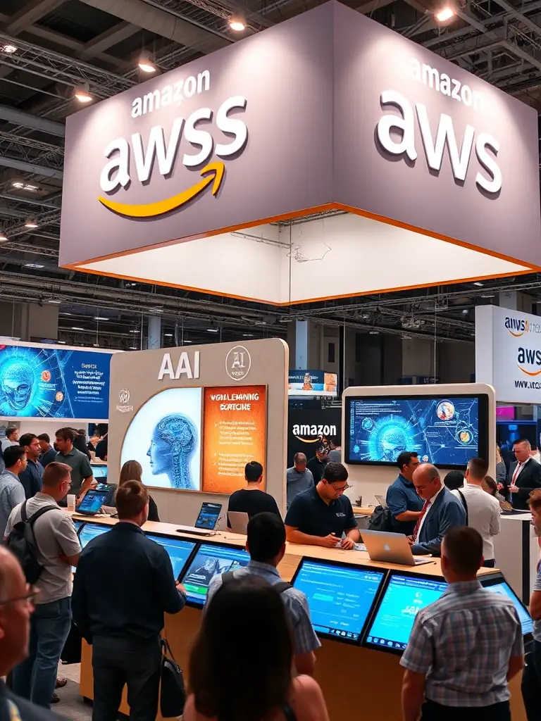 A photograph of the Amazon Web Services (AWS) AI exhibit at a tech convention, featuring their machine learning platforms and AI-powered services, with demonstrations of real-world applications.