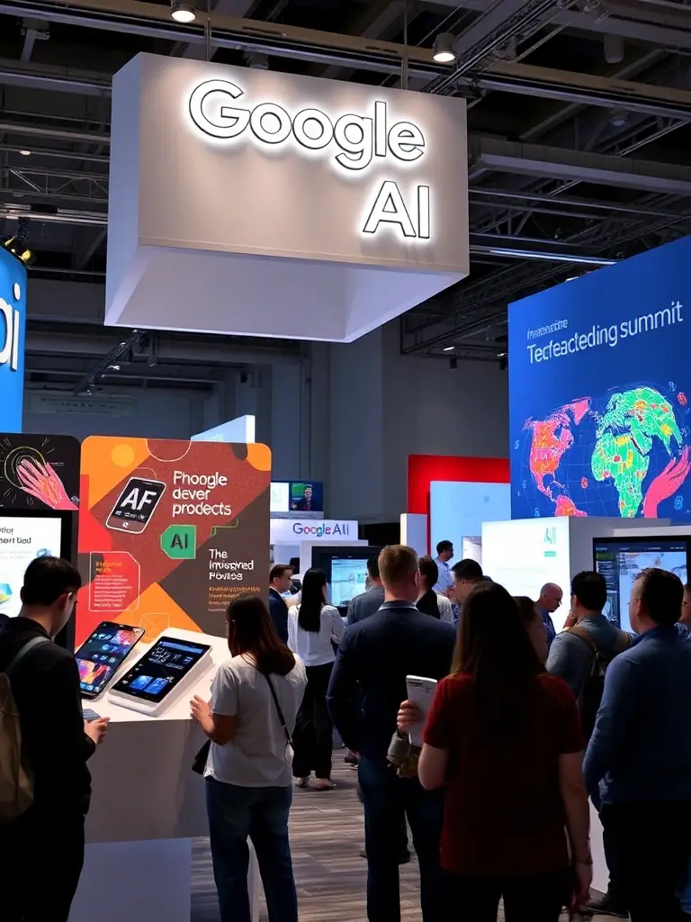 A photograph of the Google AI exhibit at a tech summit, highlighting their AI-powered products and research initiatives, with interactive displays and informative presentations.