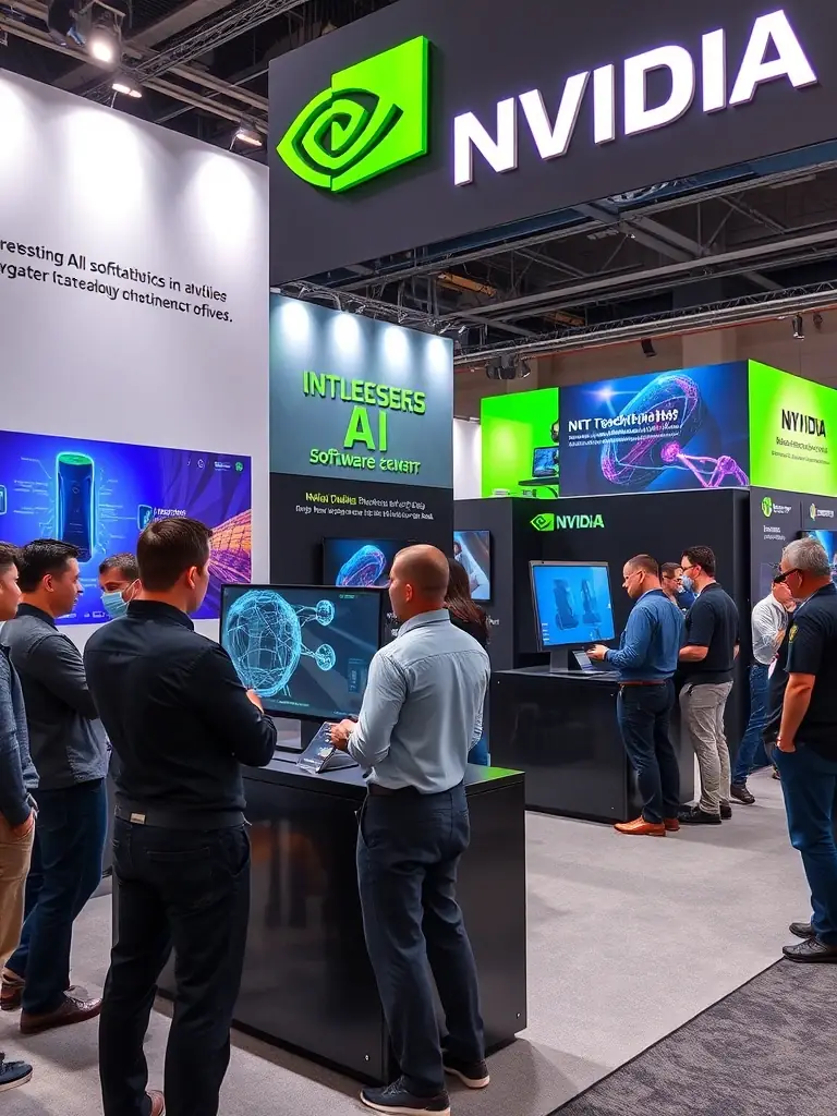 A professional photograph of the NVIDIA booth at a tech convention, showcasing their latest AI hardware and software solutions, with engineers demonstrating the technology to attendees.