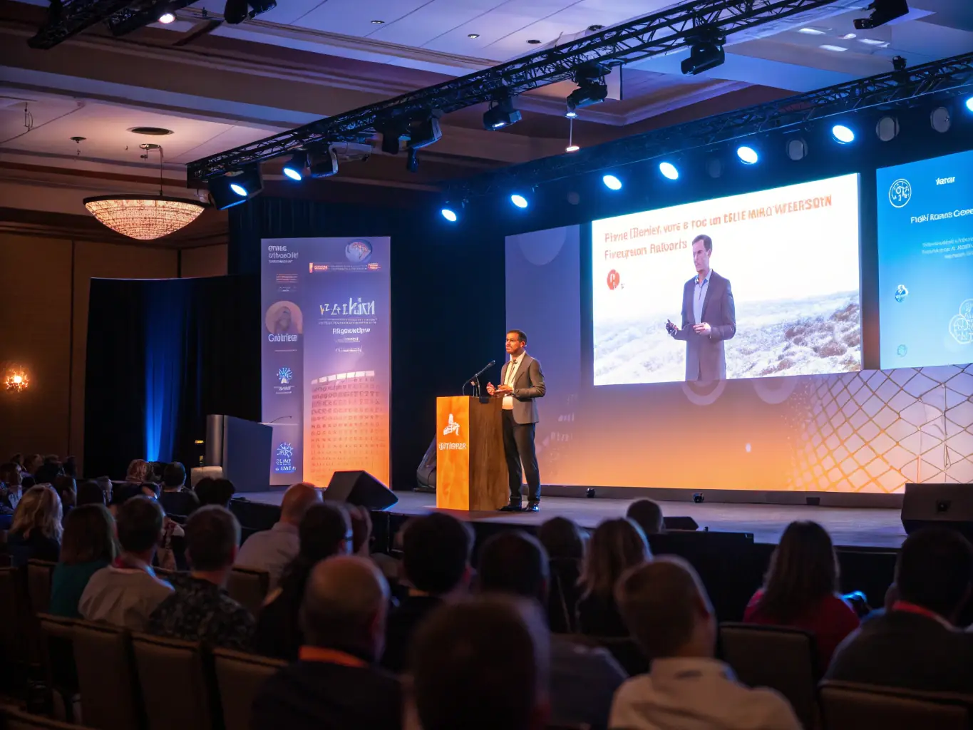A photograph capturing a keynote speaker passionately addressing a large audience at the AI LAX Summit, emphasizing the engaging and informative nature of the sessions.