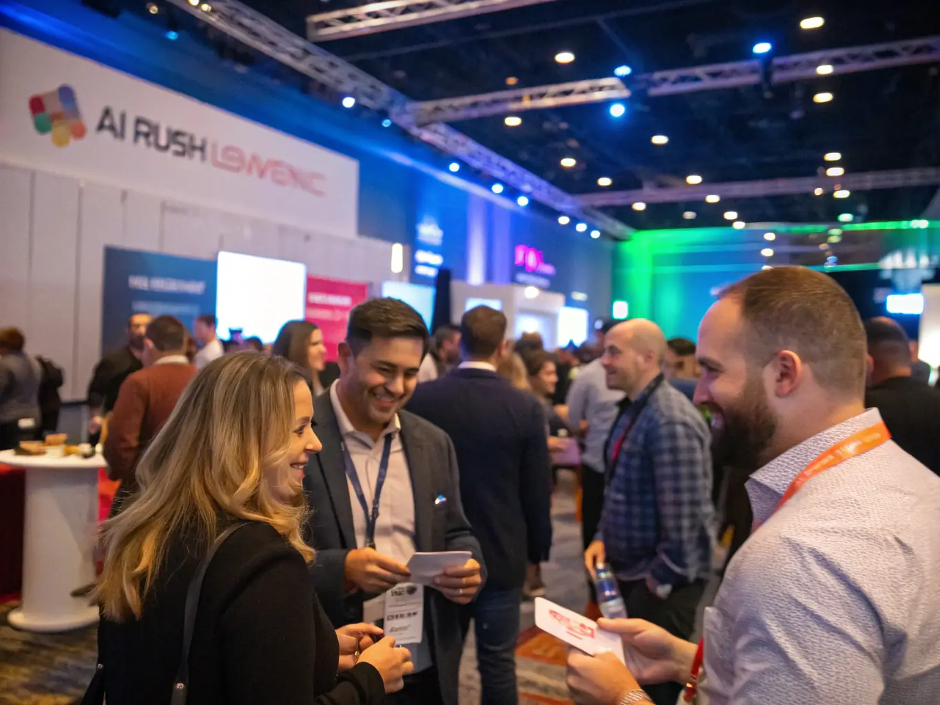A photograph capturing a lively networking session at the AI LAX Summit, with attendees engaging in conversations and exchanging business cards.