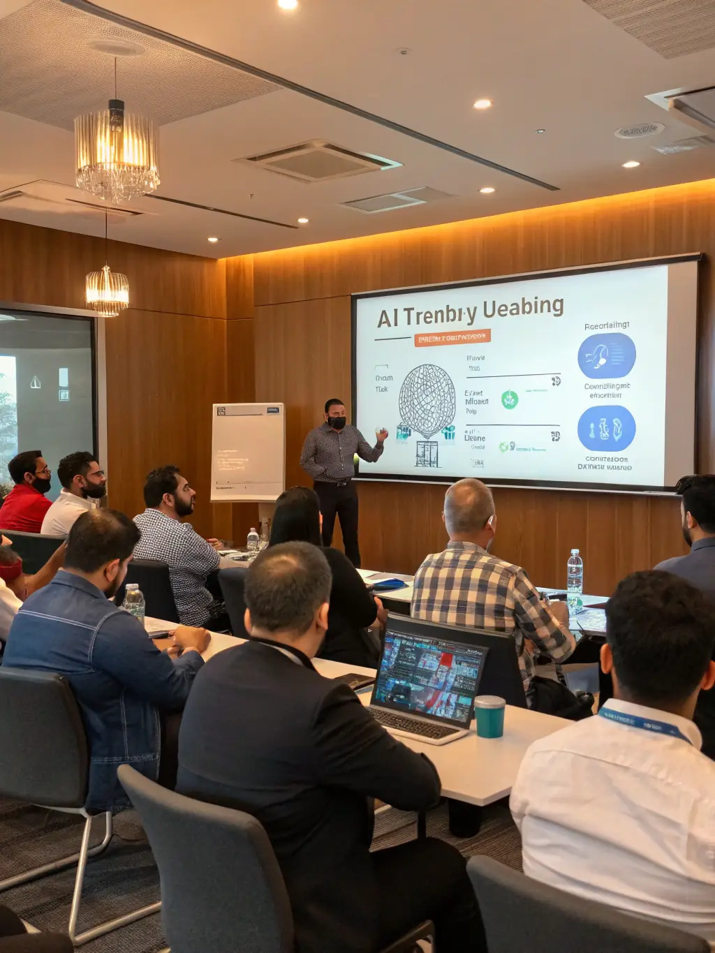 A diverse group of attendees actively participating in a hands-on AI workshop at the AI LAX Summit, focused on machine learning applications.